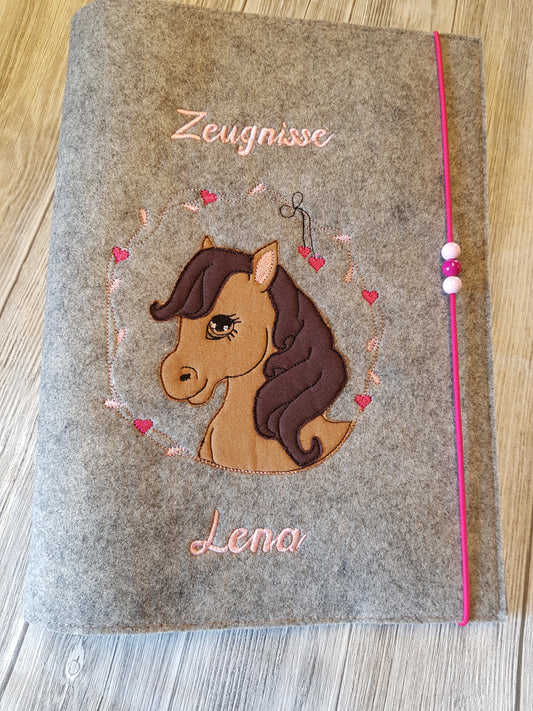 Zeugnismappe Zeugnisse Wunschnamen Geschenk Erinnerung Einschulung Pferd Filz