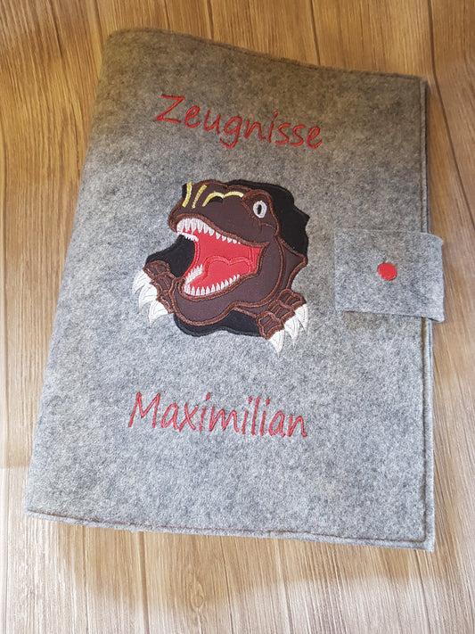 Zeugnismappe Zeugnisse Wunschnamen Geschenk Erinnerung Einschulung Dinosaurier Dino Filz