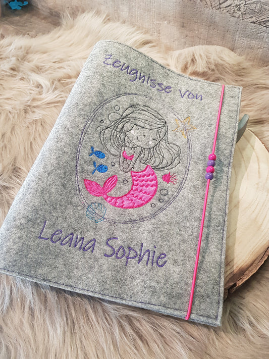 Zeugnismappe Zeugnisse Wunschnamen Geschenk Erinnerung Einschulung Meerjungfrau Filz