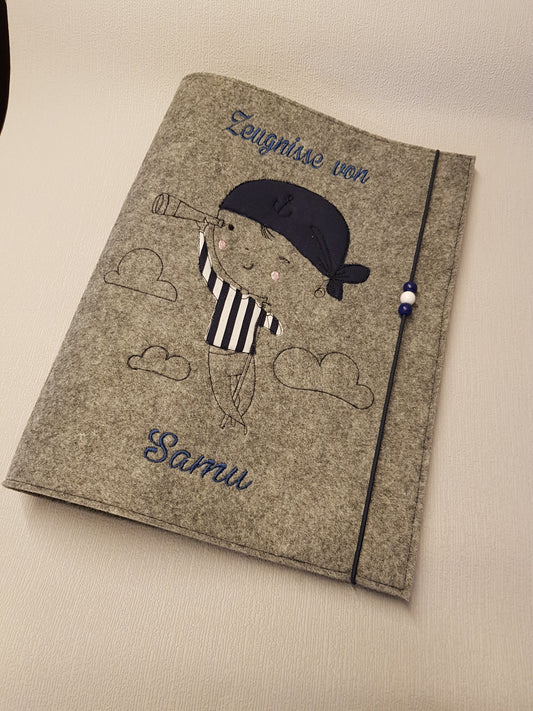 Zeugnismappe Zeugnisse Wunschnamen Geschenk Erinnerung Einschulung Pirat Filz