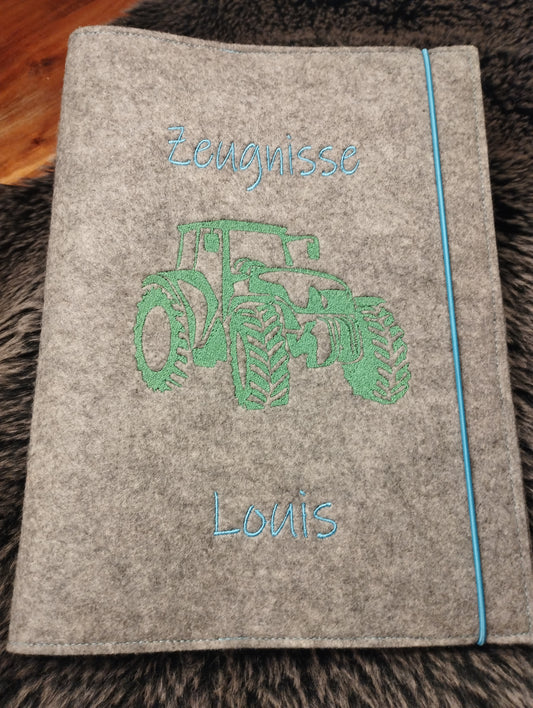 Zeugnismappe Zeugnisse Wunschnamen Geschenk Erinnerung Einschulung Traktor Filz personalisiert